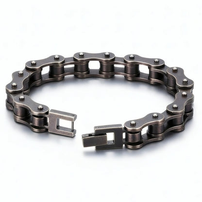 Structure ouverte et fermoir à cliquet du bracelet maillon chaîne moto Kaelis acier rétro.