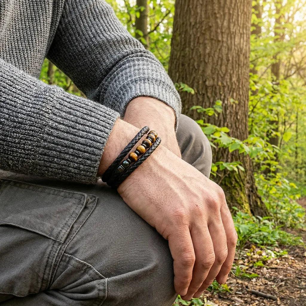 Zoom sur le bracelet Talis porté, soulignant la souplesse du cuir tressé noir et la puissance des perles d'œil de tigre. Le style de l'homme en pull gris s'harmonise avec l'ambiance printanière de la forêt.