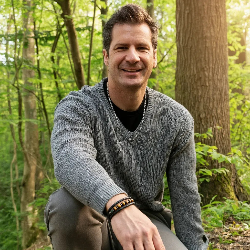 L'homme, vêtu de gris, sourit, affichant fièrement le bracelet Talis. Ce plan de style de vie ancre le bracelet multi-rangs en cuir noir avec perles œil de tigre dans un environnement authentique.