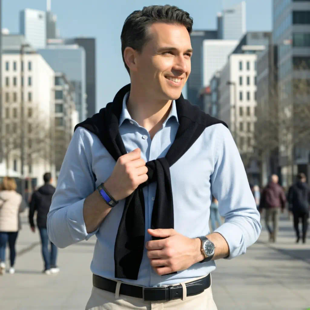 Un homme charismatique, en chemise et pull chic, dévoile fièrement le Bracelet Astra qui cintre son poignet, le cuir noir souple et le lapis-lazuli profond capturant l'énergie d'un ciel bleu au cœur de la Défense.