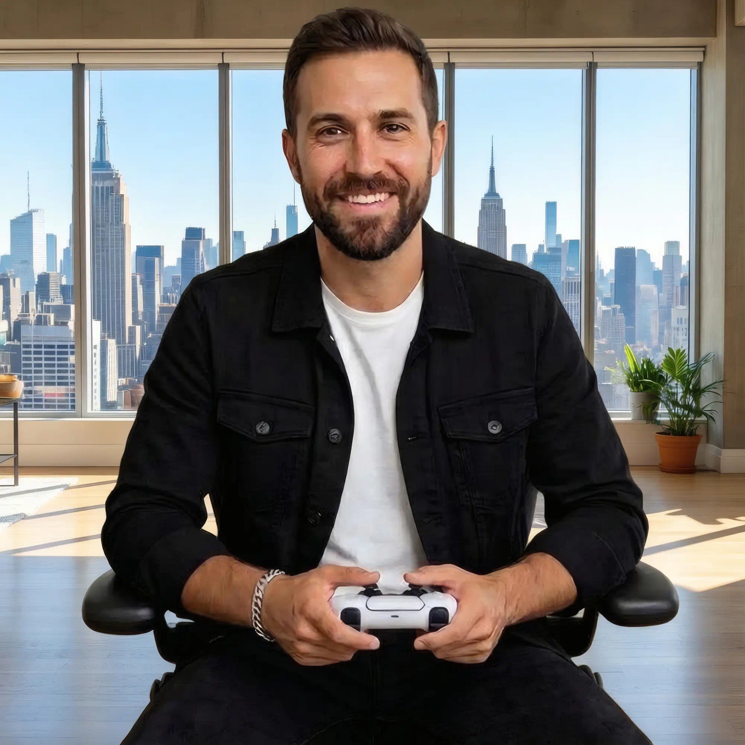 Homme barbu portant le bracelet Axel tenant une manette blanche devant une vue splendide de New-york
