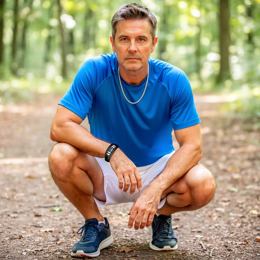 Un homme accroupis en tenue de running arbore le bracelet Azimut avec fierté ; le bleu outremer des pierres fait écho à son tee-shirt dans la lumière tamisée d'un sous-bois majestueux.