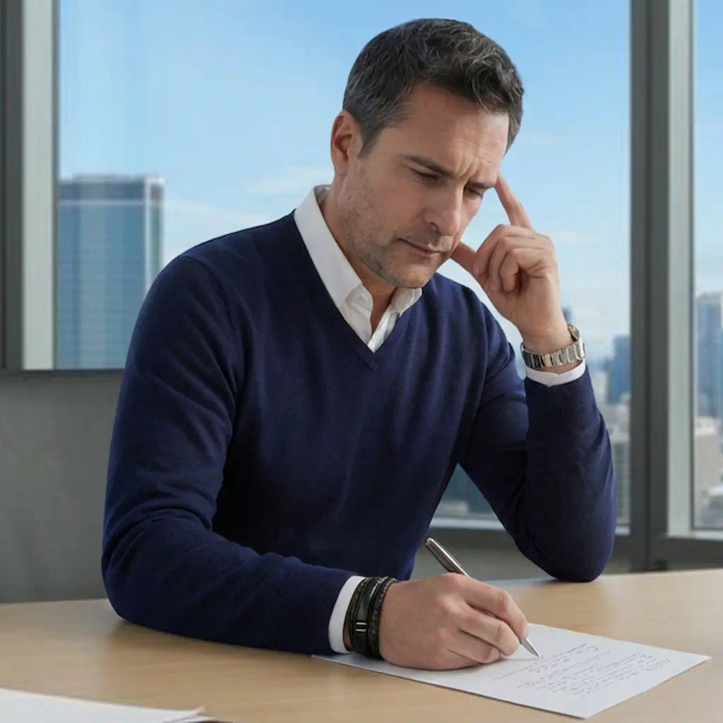 Homme en pull marine arborant fièrement le bracelet Obsidian en cuir noir souple et pierre agate noire, le poignet mis en valeur par des manches retroussées dans un décor urbain de gratte-ciel.