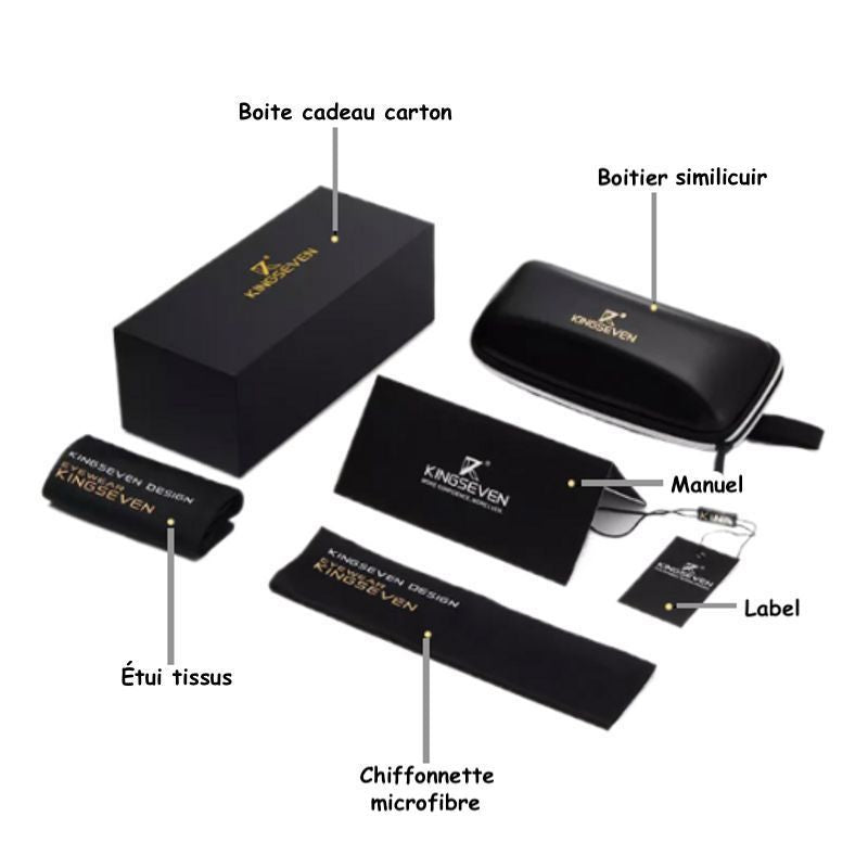 Kit complet d'accessoires pour lunettes de soleil de marque Kingseven - Boite cadeau en carton - Boitier similicuir - Étui en tissus - Chiffonette en microfibre - Manuel & label