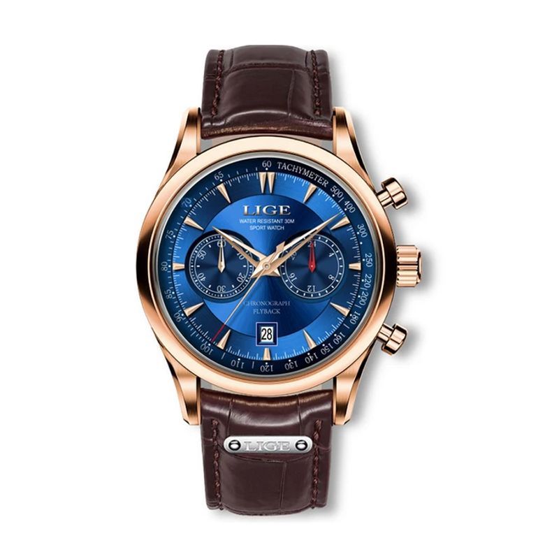 Lige Chrono Flyback, montre pour homme casual, boitier, index et aiguilles coloris or, cadran bleu et bracelet en cuir marron.