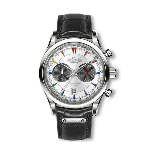 Lige Chrono Flyback, montre pour homme casual, boitier et aiguilles coloris argent, cadran blanc et bracelet en cuir noir.