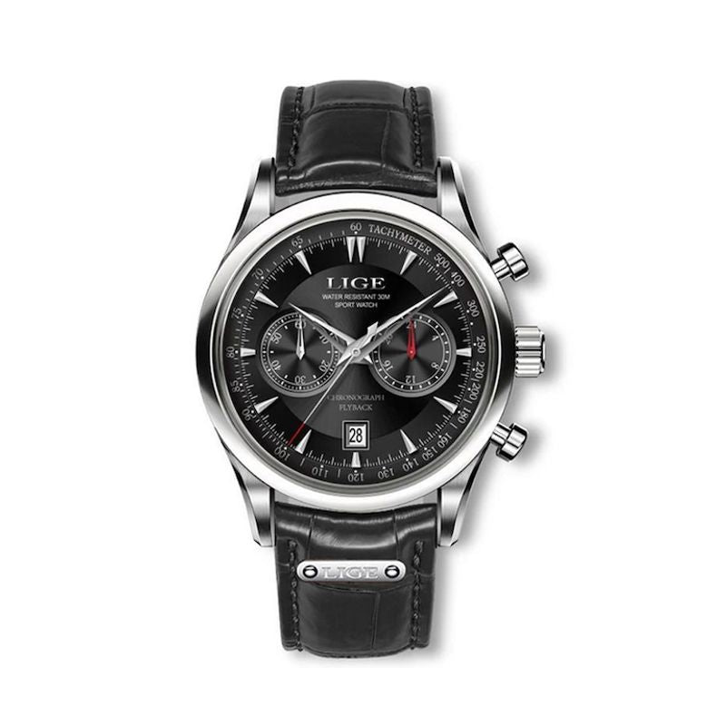 Lige Chrono Flyback, montre pour homme casual, boitier, index et aiguilles coloris argent, cadran noir et bracelet en cuir noir.