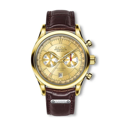 Lige Chrono Flyback, montre pour homme casual, boitier et aiguilles coloris or, cadran or et bracelet en cuir marron.