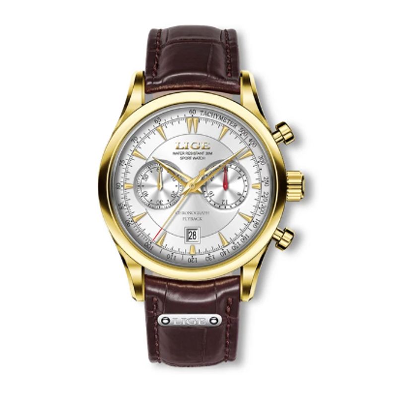 Lige Chrono Flyback, montre pour homme casual, boitier et aiguilles coloris or, cadran blanc et bracelet en cuir marron.