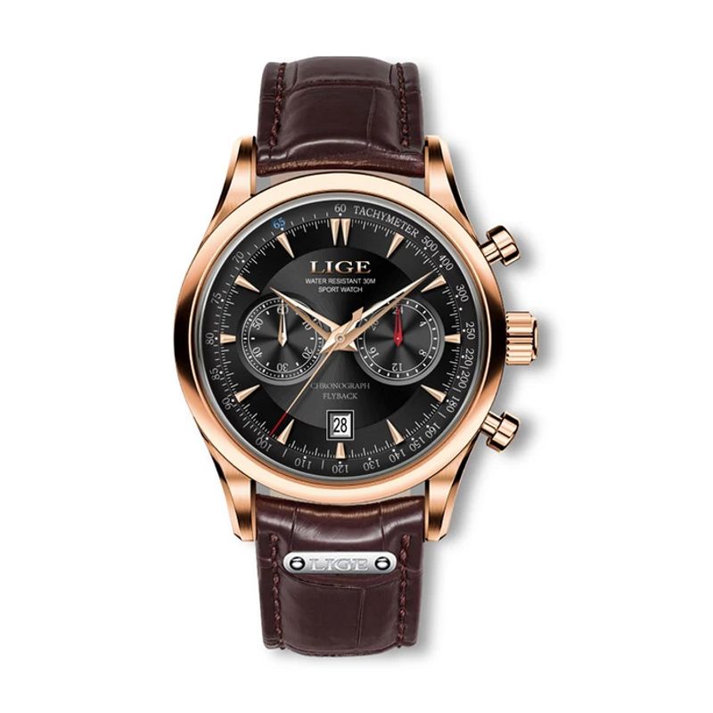 Lige Chrono Flyback, montre pour homme casual, boitier et aiguilles coloris or rose, cadran noir et bracelet en cuir marron.