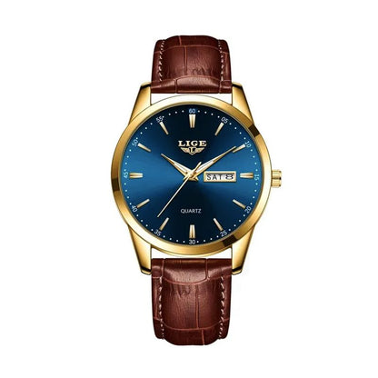 Montre Lige Classic Time pour homme classique avec bracelet en cuir marron et boitier de couleur or - cadran bleu