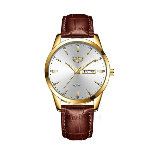 Montre Lige Classic Time pour homme classique avec bracelet en cuir marron et boitier de couleur or - cadran blanc