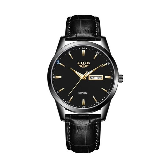 Montre Lige Classic Time pour homme classique à quartz avec bracelet en cuir noir et boitier de couleur noir - cadran noir - index, aiguille et logo Lige de coloris or