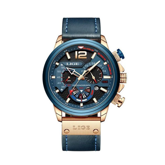 Lige Pilot Chrono, montre homme chronographe doré pour amateur de sport mécanique - bracelet en cuir bleu