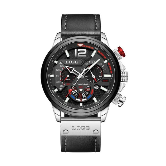 Lige Pilot Chrono, montre homme chronographe avec boitier argenté pour amateur de sport mécanique - bracelet en cuir noir