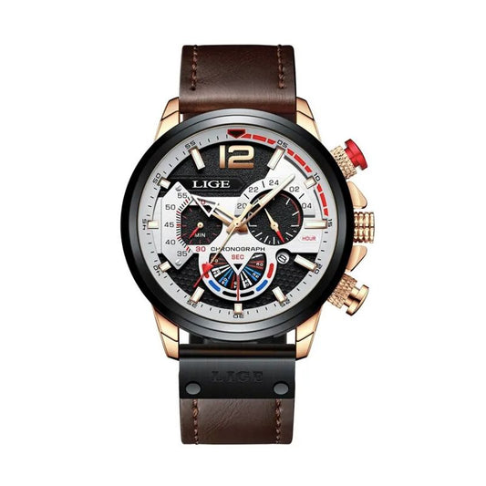 Lige Pilot Chrono, montre homme chronographe pour amateur de sport mécanique - bracelet en cuir marron.
