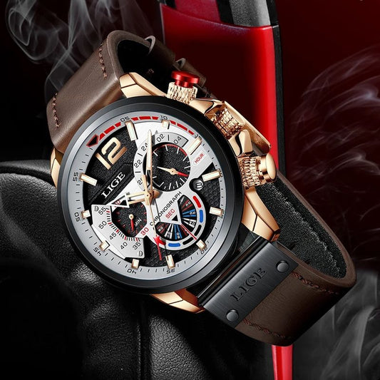 Lige Pilot Chrono, montre homme chronographe pour amateur de sport mécanique avec bracelet en cuir marron.