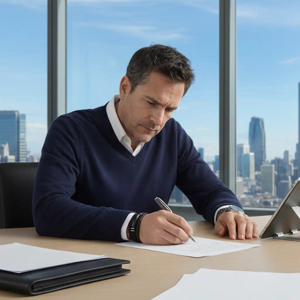 Plan poitrine d'un homme assis à son bureau portant le bracelet Obsidian multi-rangs en cuir noir et agate noire, une pièce maîtresse de caractère intégrée à une tenue chic et décontractée.