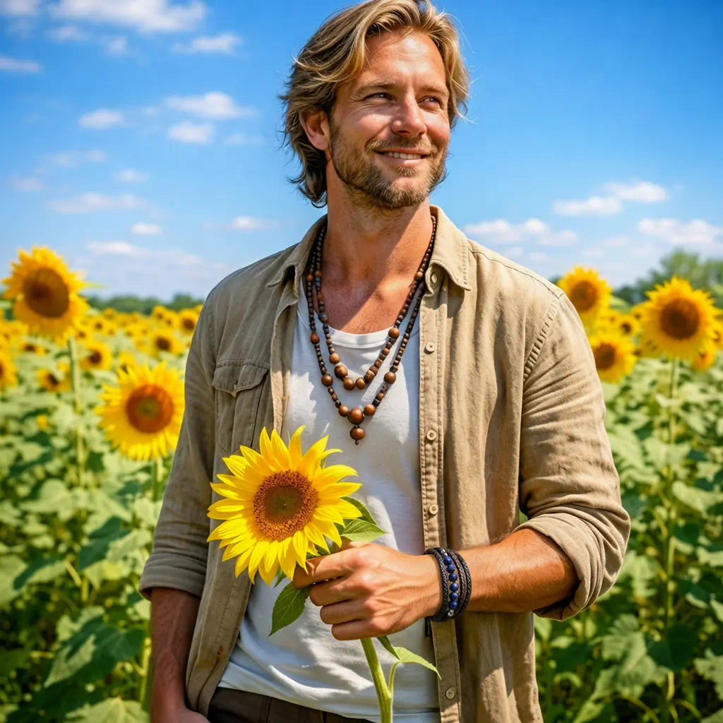 Homme rayonnant en champ de tournesols portant le bracelet Skar, un accessoire de distinction souligné par un cuir noir texturé et des perles lapis-lazuli d'azur.
