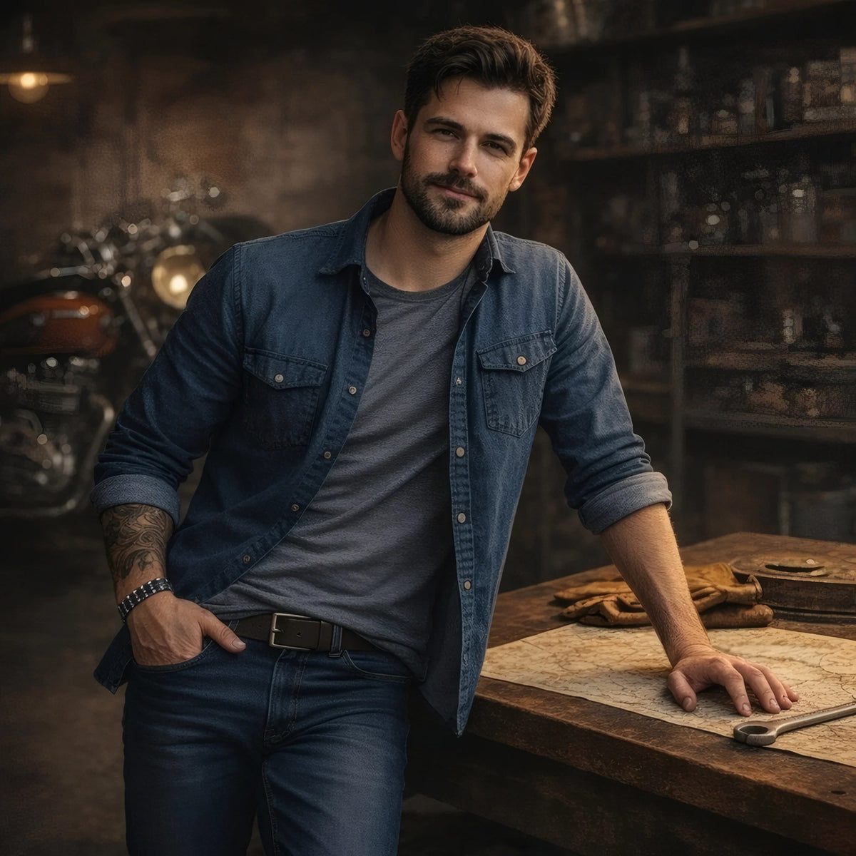 Look biker homme en chemise jean portant le bracelet Kross chaîne moto maillons moletés.