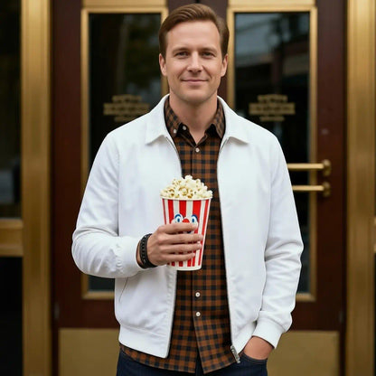 Homme en blouson blanc arborant le bracelet Oris avec assurance. La pièce en cuir multi-rangs et pierres fines noire complète une tenue décontractée, capturée en plein hall de cinéma avec ses portes vitrées.