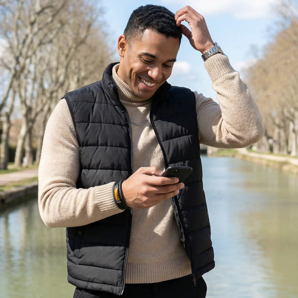 Silhouette masculine arborant le Bracelet Fauve multi-rangs dans un moment de détente. Le cuir texturé et la pierre minérale s'harmonisent avec un blouson noir et le décor arboré des berges biterroises.