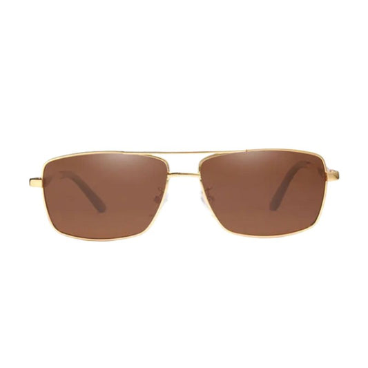 Vue de face d'une paire de lunettes de soleil carrées classique - verres teintés marron polarises avec protection UV400 - coloris monture or