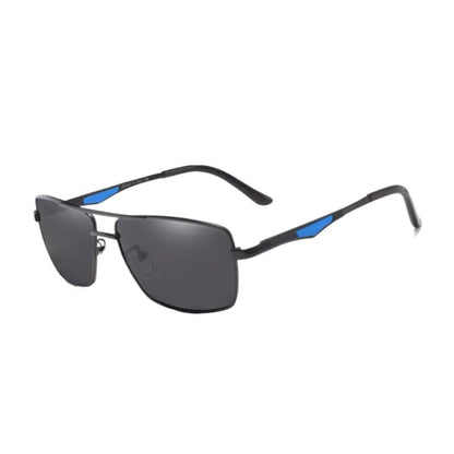 Lunettes de soleil carrées classiques à verres gris polarisés et protection UV400 - monture et branches en aluminium - coloris noir et bleu