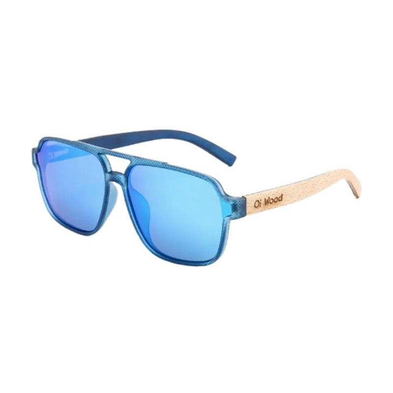 Lunettes de soleil carrées polarisées avec double pont et verres de qualité en polycarbonate bleu et branches en bois de bambou