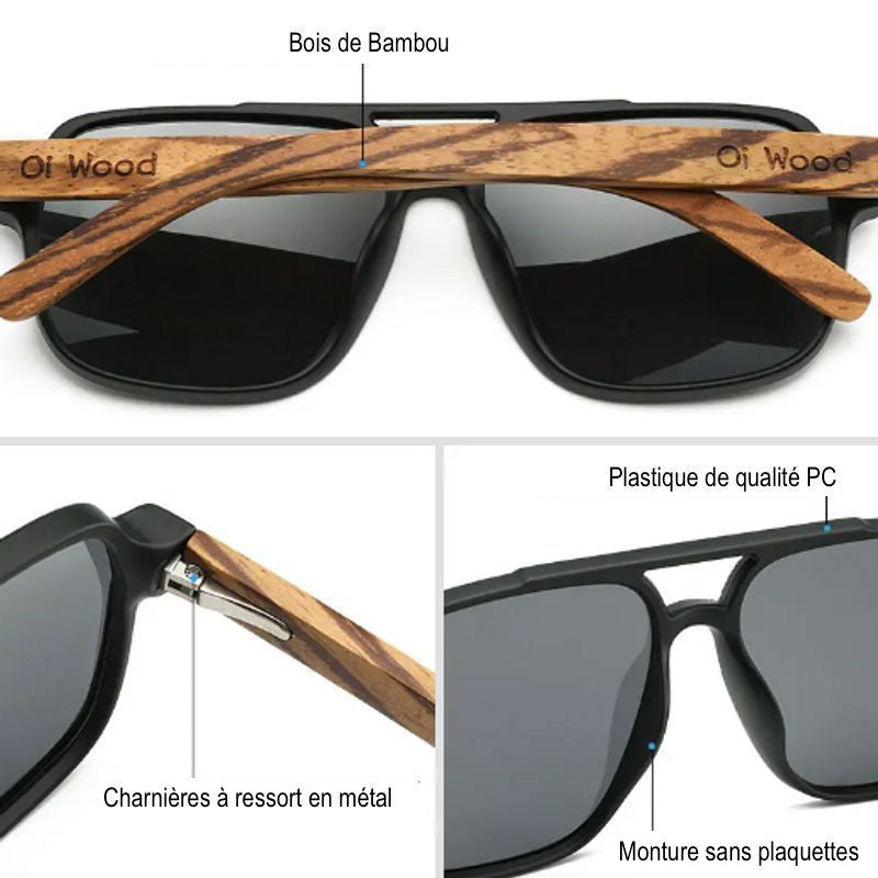 Vue de trois parties en gros plan de la paire de lunettes carrées double pont avec branches en bois - bois de bambou - charnières à ressort en métal - monture plastique PC sans plaquettes