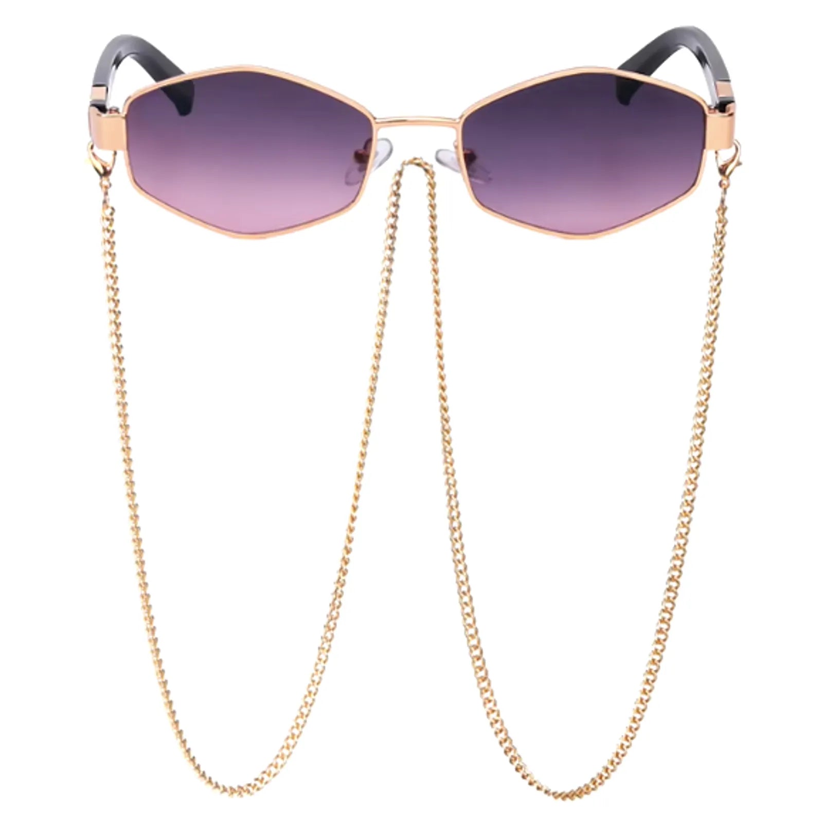 Lunettes de soleil modernes avec verres hexagonal mauve et monture dorée, dotées d'une chaîne dorée. Cette combinaison de couleurs donne un look unique et raffiné, idéal pour ceux qui cherchent à se démarquer avec un accessoire à la fois tendance et fonctionnel.