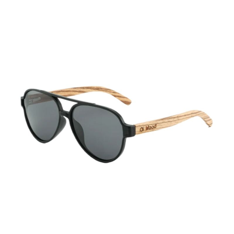 Lunettes de soleil Pilote polarisées avec double pont et verres de qualité en polycarbonate noir et branches en bois de bambou de couleur naturelle