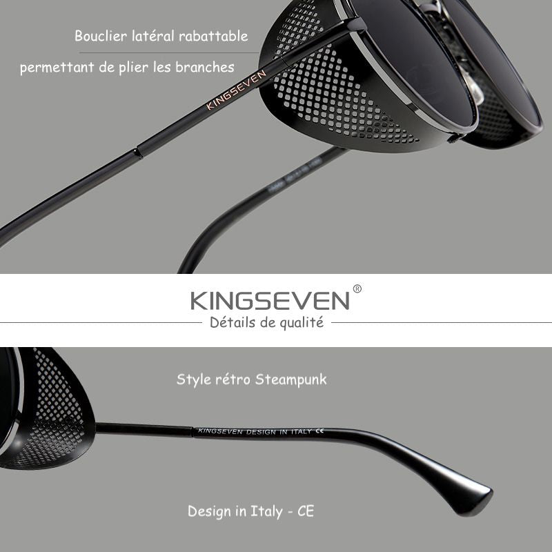 Vue de profil en gros plan des lunettes de soleil rondes avec boucliers latéraux de style steampunk en acier inoxydable, accessoire de mode pour le mouvement gothique - détails de qualité - Kingseven design in Italy 