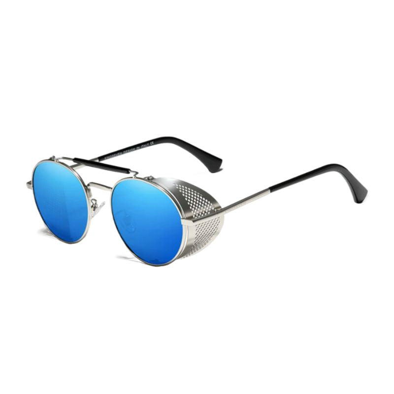 Lunettes de soleil rondes rétro avec boucliers latéraux de style Steampunk - unisexe - coloris argent et bleu