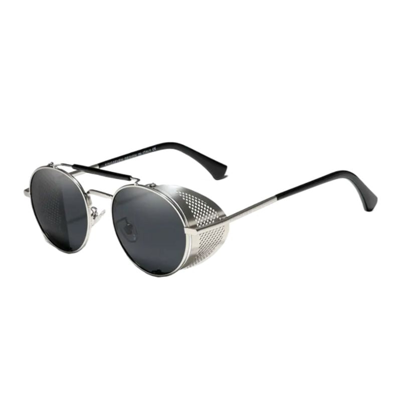 Lunettes de soleil rondes rétro avec boucliers latéraux de style Steampunk - coloris argent et gris