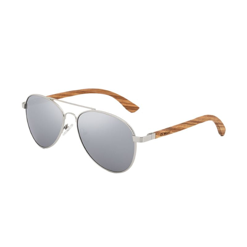 Lunettes de soleil Aviateur polarisées avec double pont et verres de qualité en polycarbonate miroir argent et branches en bois de bambou de couleur naturelle