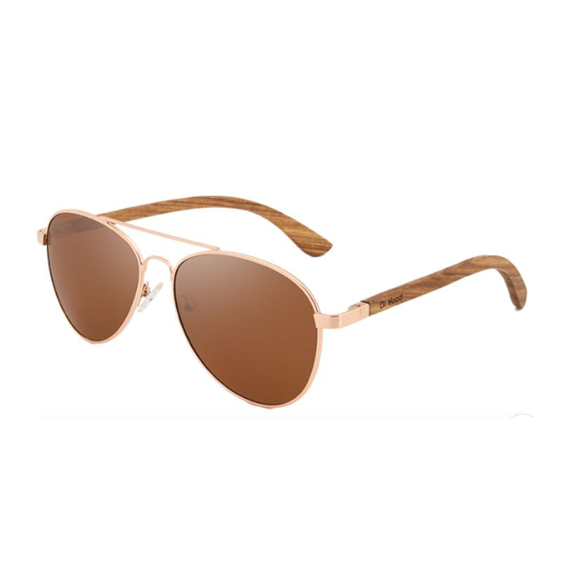 Lunettes de soleil Aviateur polarisées avec double pont et verres de qualité en polycarbonate marron et branches en bois de bambou de couleur naturelle