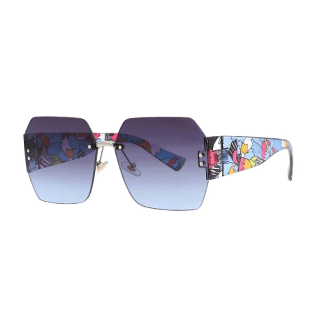 Lunettes de soleil géométriques avec une monture décorée de motifs floraux colorés. Cette paire audacieuse combine un style artistique avec des verres teintés, pour un look unique et moderne.