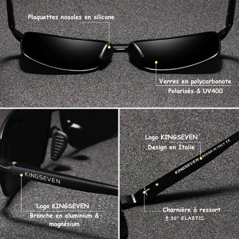 Vue en trois prises des détails de qualité des lunettes de soleil Julio en aluminium - Verres en polycarbonate polarisés HD et protection UV400 - Charnière à ressort en métal - design en Italie