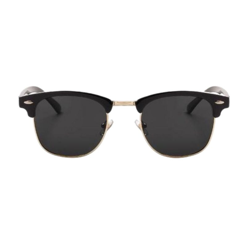 Vue de face des lunettes de soleil master rondes classique avec demi-monture plastique et alliage métal doré - coloris noir brillant