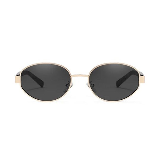 Vue de face d'une paire de lunettes de soleil ovales rétro à verres polarisées de couleur gris et monture doré en métal