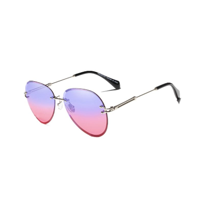 Lunettes de soleil pilote sans monture, verres percés dégradés de couleur bleu et rose et branches en métal - Femme