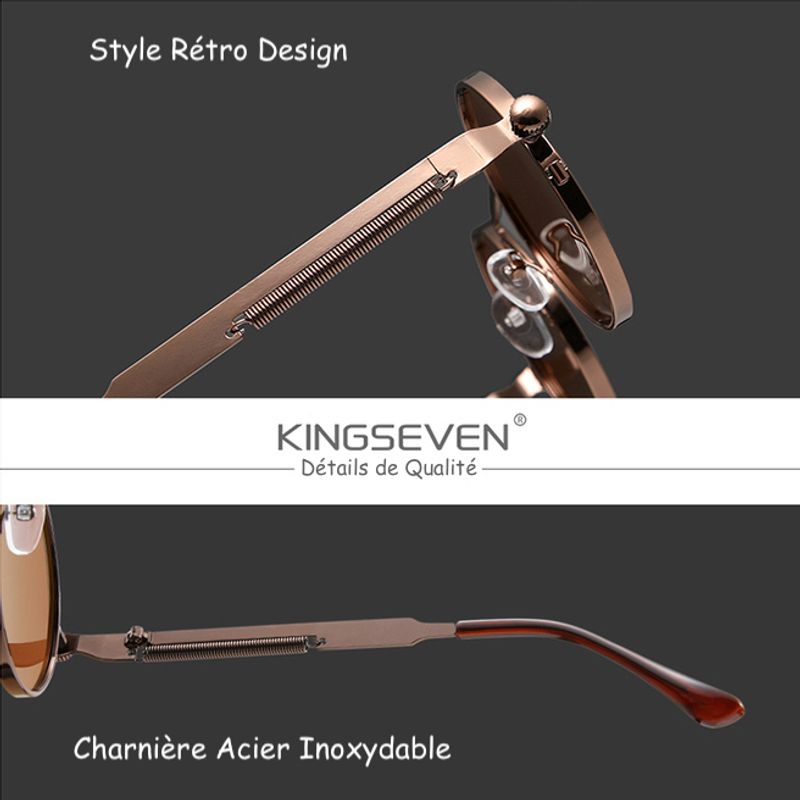 Vue de profil de deux partie importantes de la paire de lunettes de soleil rondes steampunk de style rétro design victorien, gothique - Détails de qualité - Charnières en acier inoxydable