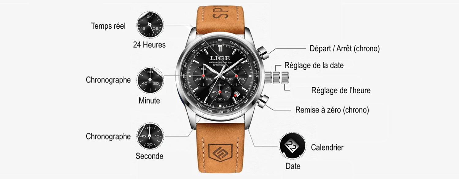 Montre chrono sport de chez Lige, détails de qualité, comme son chronographe, ses trois sous-cadrans et son affichage de la date. Bracelet en cuir de couleur marron citrouille, boitier, aiguilles et index en acier inoxydable de couleur argent