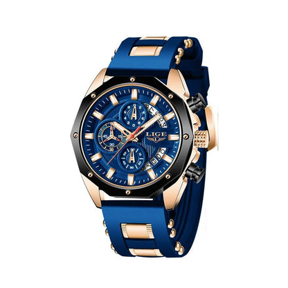 Montre chronographe pour homme avec grand cadran bleu et lunette décagone noire, son boitier, ses aiguilles, sa couronne et sa boucle ardillon sont de couleur or, son bracelet souple en silicone est bleu - Lige OceanMaster