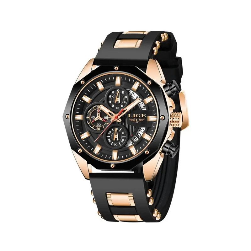 Montre chronographe pour homme avec grand cadran noir, sa boucle ardillon, le boitier, les index et les aiguilles sont d'un coloris or rose- bracelet en silicone noir - modèle Lige oceanmaster