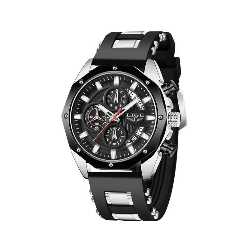 Montre chronographe pour homme avec grand cadran noir, son boitier, ses aiguilles, ses index et sa boucle ardillon sont de coloris acier - bracelet en silicone noir - modèle Lige oceanmaster