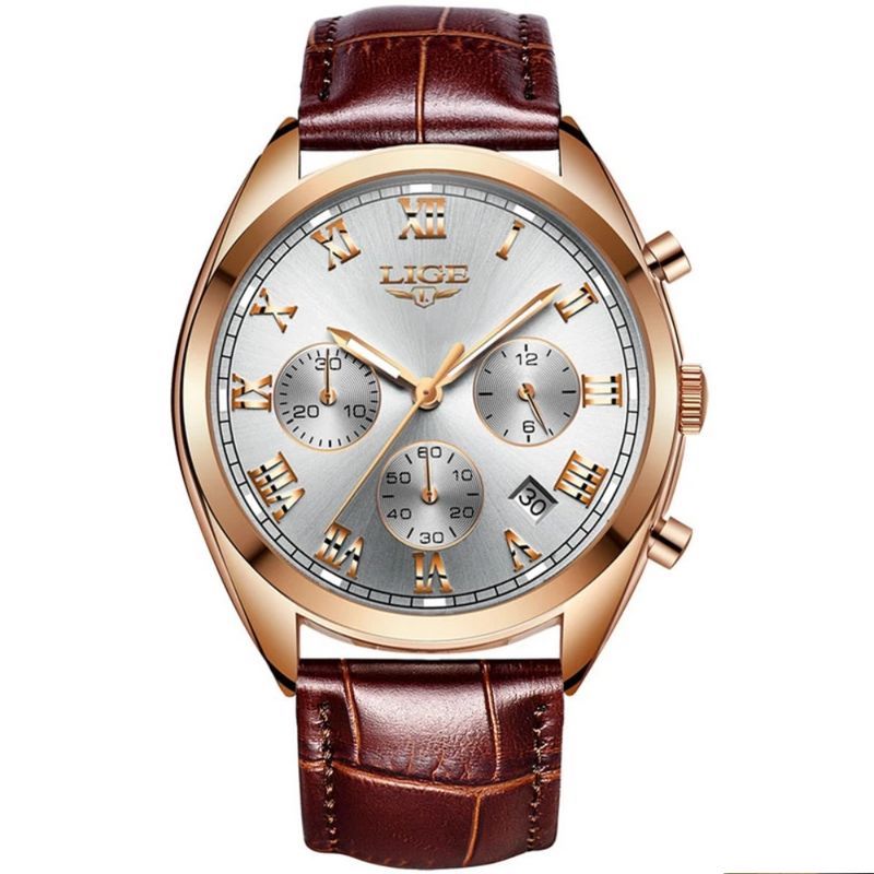 Montre homme chronographe, fashion en acier, bracelet en cuir marron avec boucle ardillon - coloris argent et or