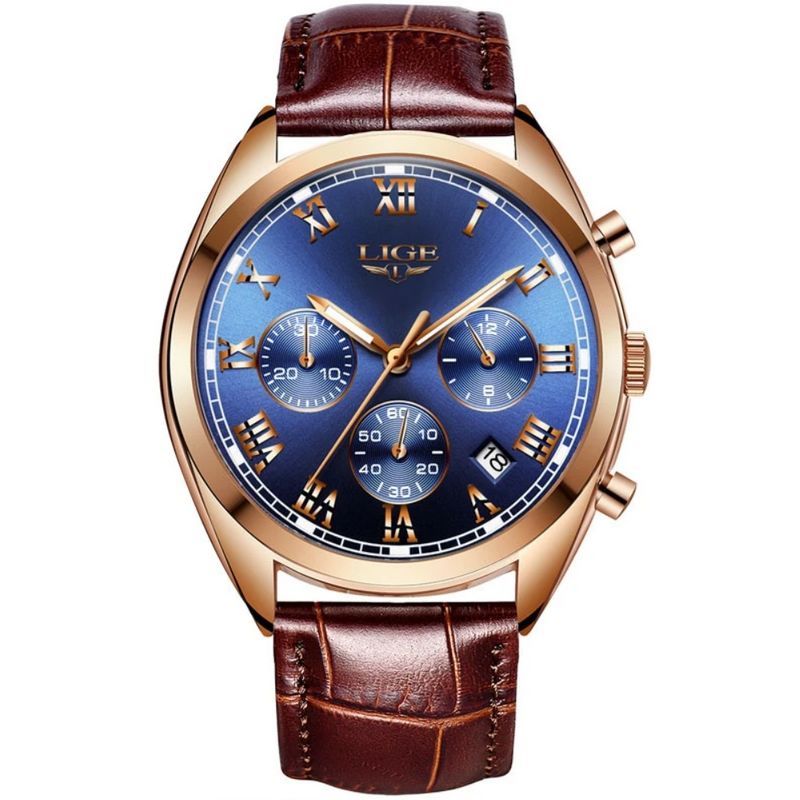 Montre homme chronographe, fashion en acier, bracelet en cuir marron avec boucle ardillon - coloris bleu et or