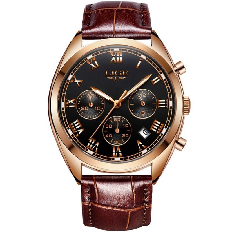 Montre homme chronographe, fashion en acier, bracelet en cuir marron avec boucle ardillon - coloris noir et or